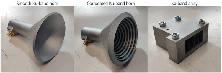 3D 3 Smooth Ku-band horn, Corrugated Ku-band horn and Ka-band array